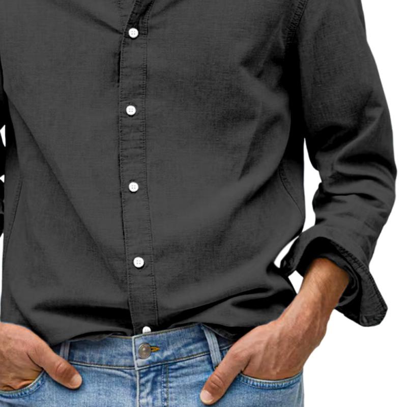 Men's Casual Cotton and Linen Lapel Long Sleeve Shirt 38377396Y