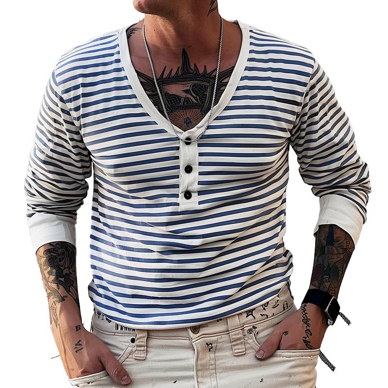 T-shirt a maniche lunghe con scollo a V a righe stile blu navy da uomo 46072697Z