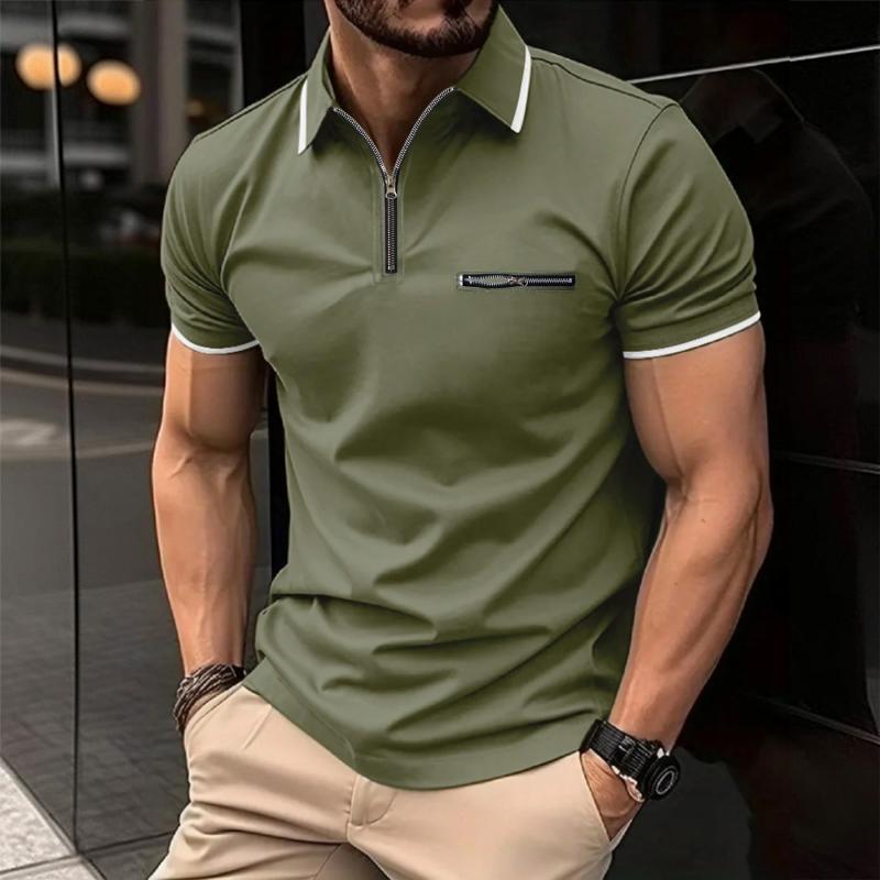 Men's Color Block Zip Short Sleeve Polo Shirt 90620666Y