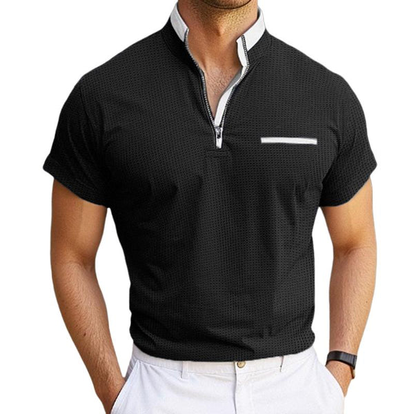 Men's Solid Color Waffle Zip Stand Collar Pocket Short Sleeve T-shirt 33005080Y