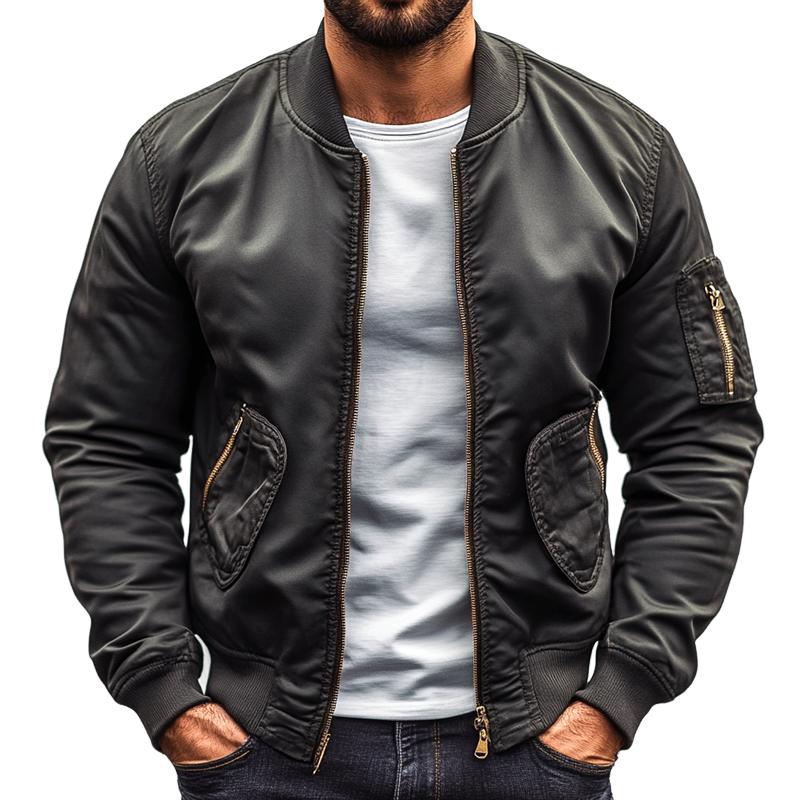 Veste de baseball élégante à fermeture éclair et poches multiples pour hommes, couleur unie, 84723008Z