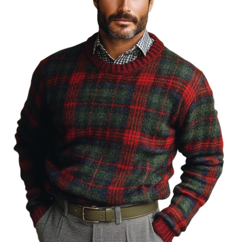 Men's Vintage Christmas Plaid Knit Crew Neck Sweater 61023453Y