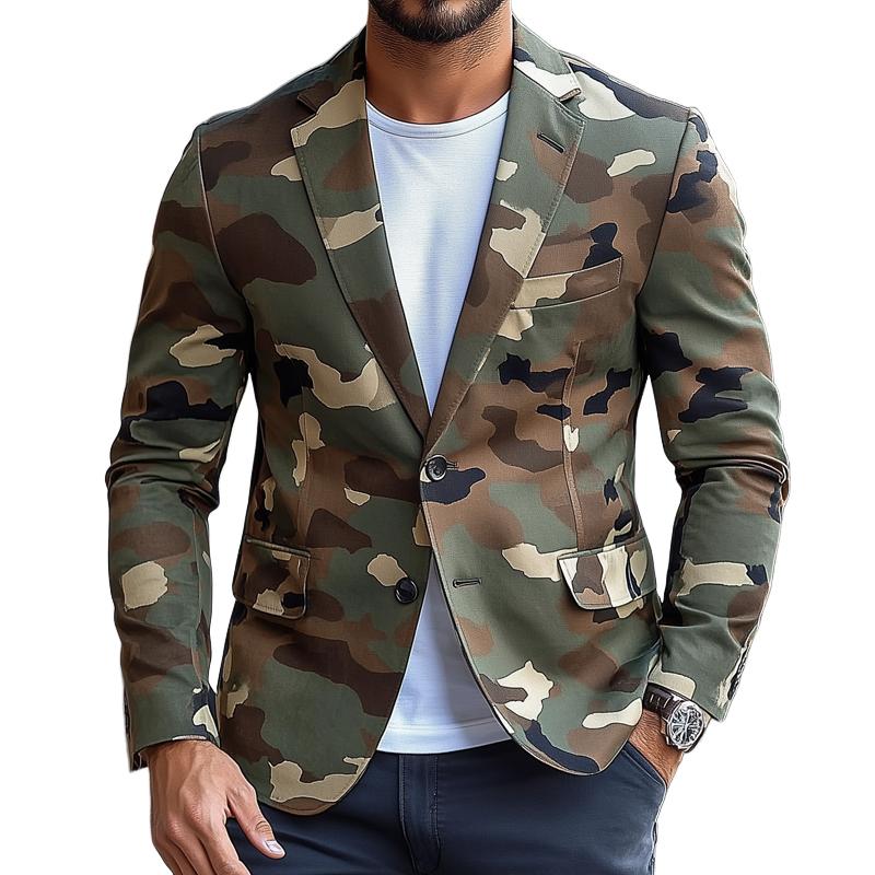 Blazer casual de un solo pecho con solapa con muesca y diseño retro de camuflaje para hombre 86031799Z