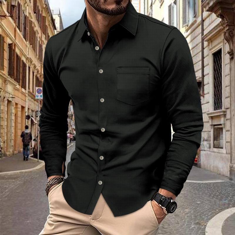 Men's Solid Color Waffle Lapel Long Sleeve Casual Shirt 01496212Z