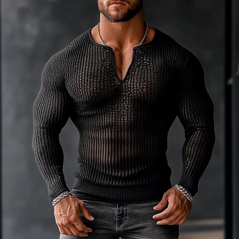 Men's Sexy Hollow Mesh V-neck Long Sleeve T-shirt 11424439M