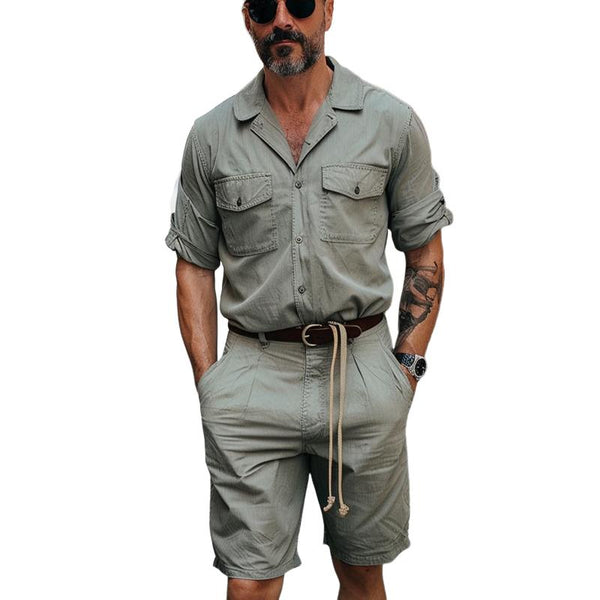Men's Casual Cotton Blend Lapel Short Sleeve Shorts Cargo Jumpsuit (Belt Excluded) 85912117M