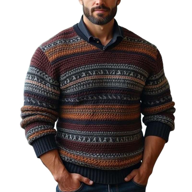 Men's Classic Comfortable Slim Fit Multi-color Splicing V-neck Long-sleeved Sweater 78107875K