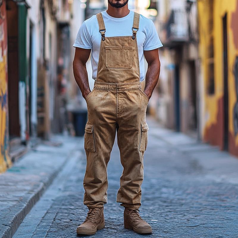 Men's Fashion Distressed Multi-pocket Cargo Overalls 17155151Z