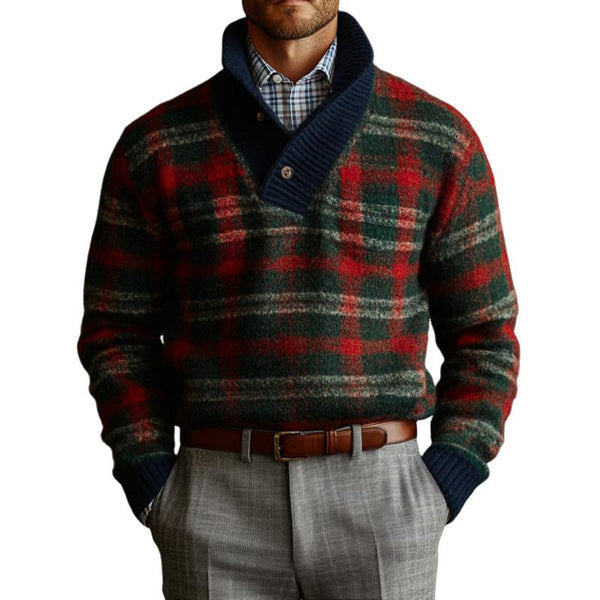 Men's Vintage Christmas Colorblock Plaid Knit Button Turtleneck Sweater 83236082Y