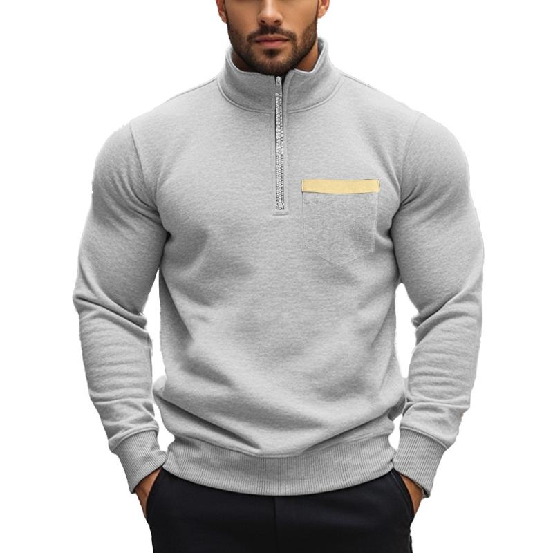 Sweat-shirt décontracté à col montant et fermeture éclair pour homme, couleur unie 21133783X