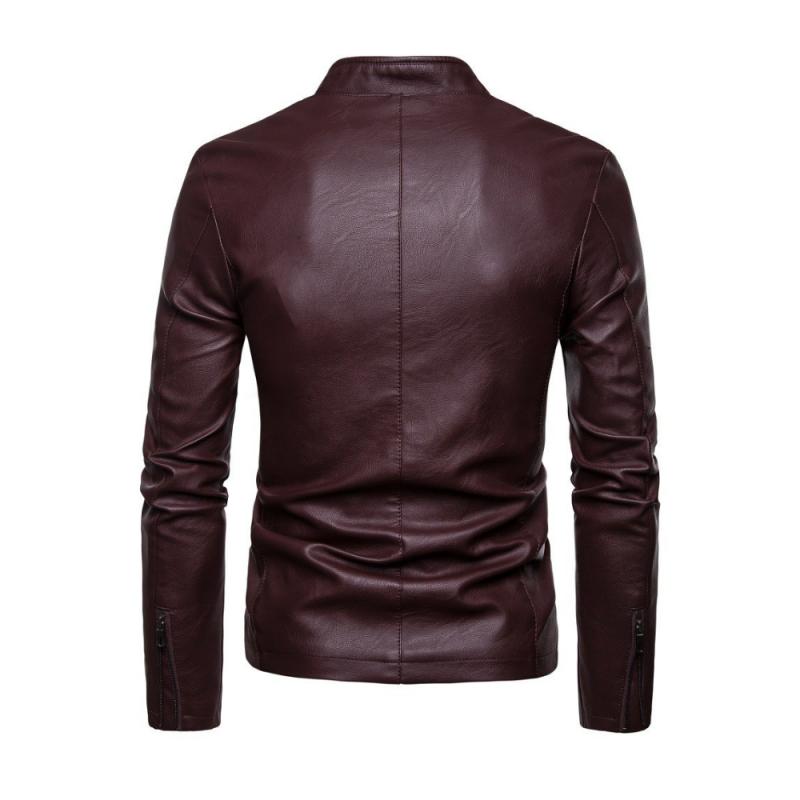 Men's Casual Solid Color Stand Collar Zipper Slim Leather Jacket 33279766M