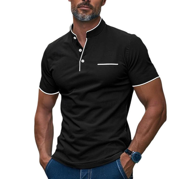 Men's Casual Cotton Blend Contrast Stand Collar Slim Fit Short Sleeve T-Shirt 17576077M