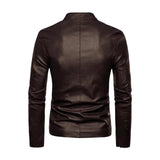 Men's Casual Solid Color Stand Collar Zipper Slim Leather Jacket 33279766M