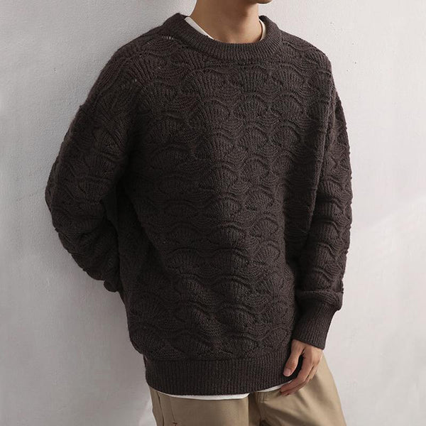Men's Solid Color Shell Pattern Round Neck Loose Long Sleeve Sweater 32414232Z