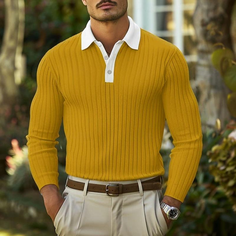 Men's Casual Colorblock Lapel Slim Fit Long Sleeve Polo Shirt 46391370M