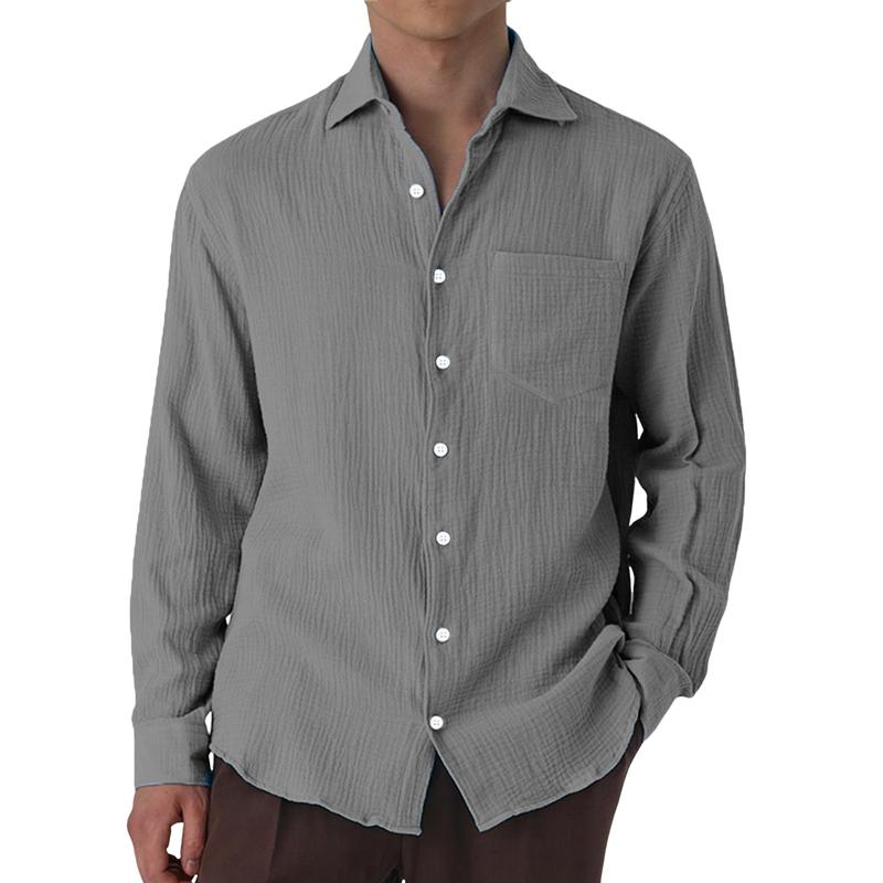 Men's Casual Cotton Linen Pleated Lapel Patch Pocket Slim Fit Long Sleeve Shirt 86231655M