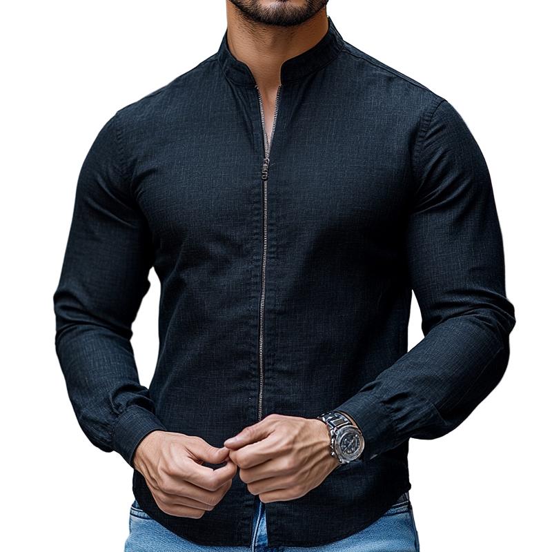 Men's Retro Casual Stand Collar Zipper Long Sleeve Shirt 49116208TO