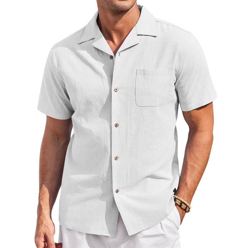 Men's Casual Cotton Linen Lapel Patch Pocket Slim Fit Short Sleeve Shirt 88052441M