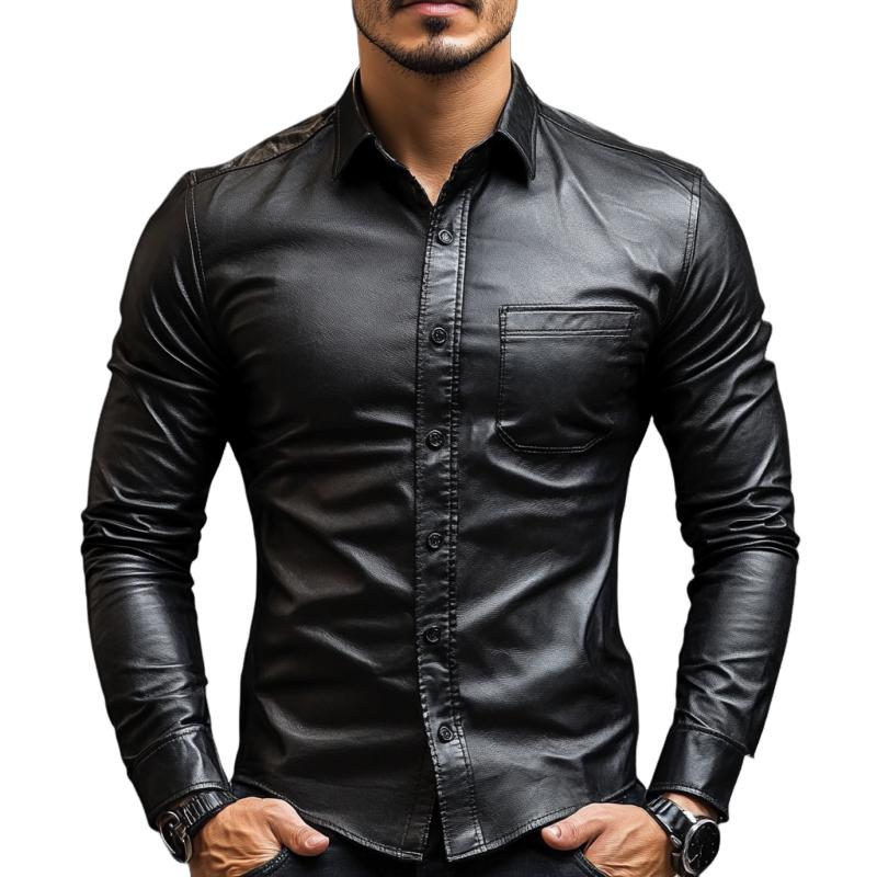 Men's Classic Casual Slim Fit Leather Long Sleeve Shirt 79897850K