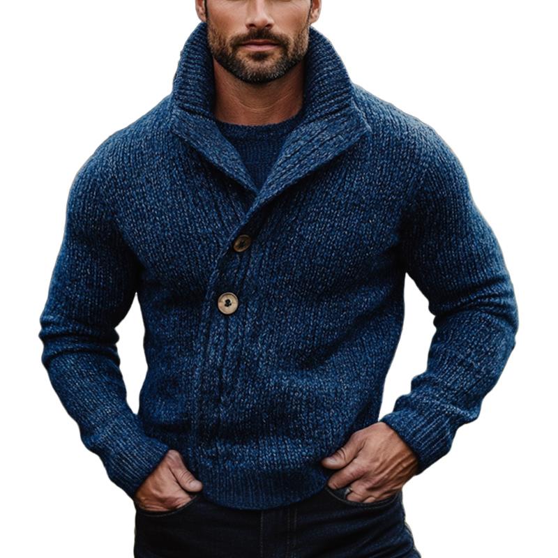 Men's Dark Blue Stand Collar Knitted Cardigan 21615222U