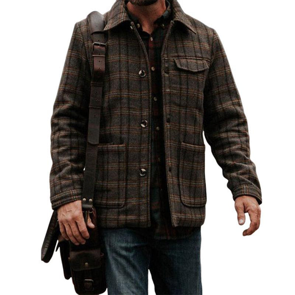 Men's Classic Retro Casual Plaid Multi-Pocket Wool Shirt Jacket 02860587K