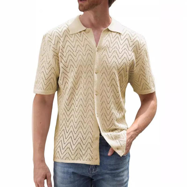Men's Casual Solid Color Hollow Lapel Short-Sleeved Knitted Cardigan 77477035M