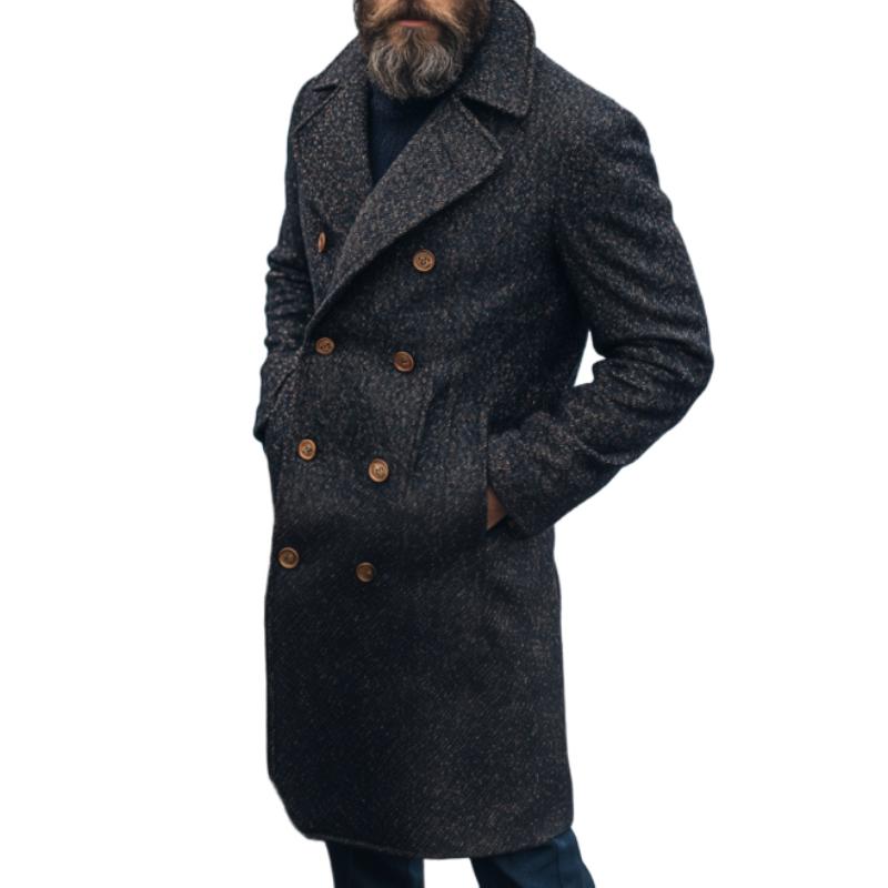 Men's Vintage Wool Blended Notch Lapel Double-breasted Knee-length Coat 90904325M