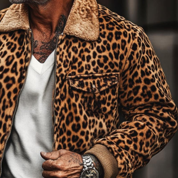 Men's Retro Leopard Plush Stitching Jacket Coat 50212433Y