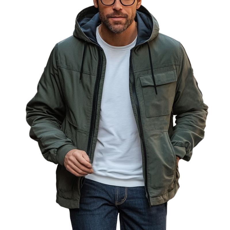 Men's Dark Green Hooded Zip-Up Jacket 95893078U