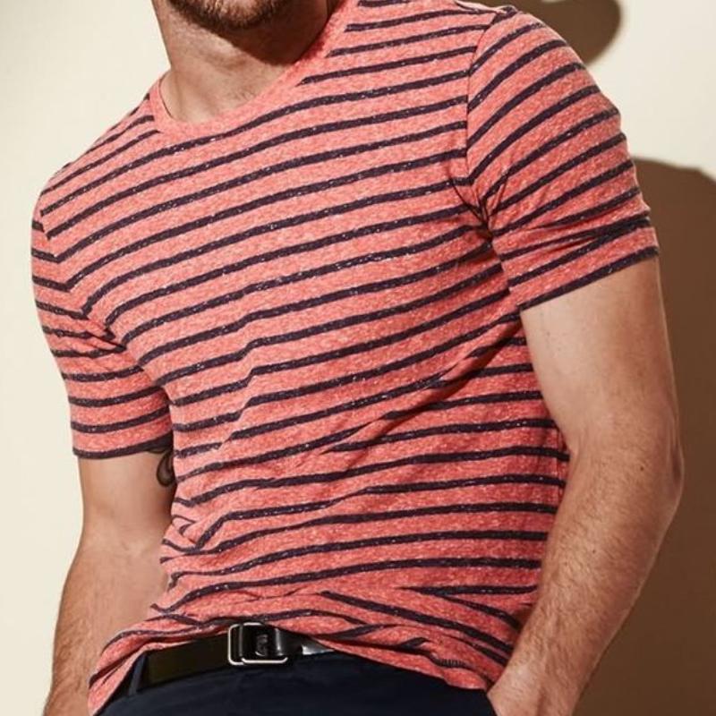 Men's Casual Cotton Blended Striped Round Neck Slim Short-sleeved T-shirt 80220831M