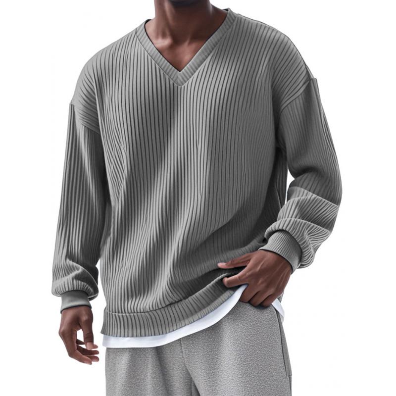 Men's Casual V-neck Striped Loose Long Sleeve T-shirt 54180863M