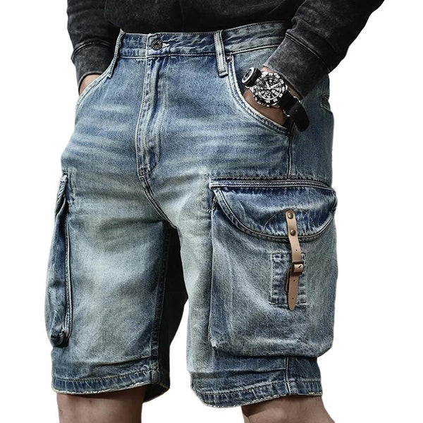 Men's Retro Biker Multi-Pocket Denim Cargo Shorts 70491013Y