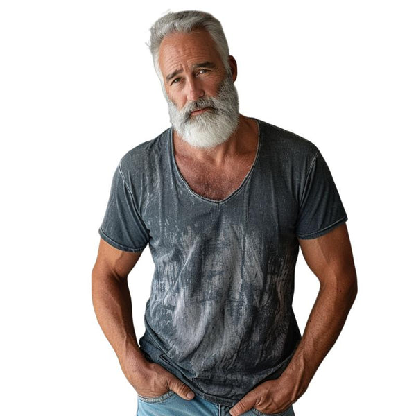 Men's Vintage Distressed Printed V-neck Short-sleeved T-shirt 55145613X