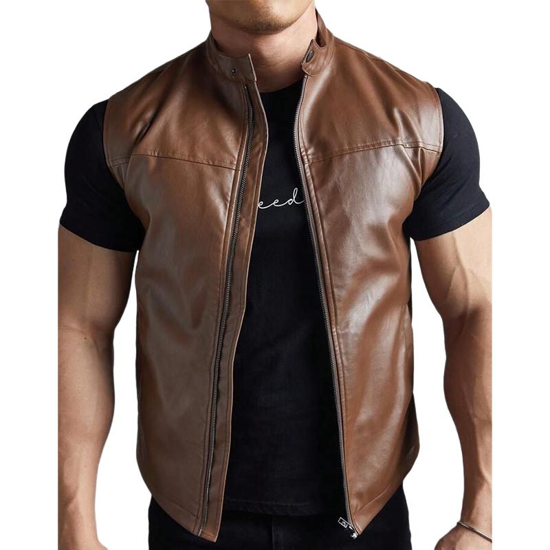 Men's Vintage Stand Collar Zipper Leather Vest 41873310U