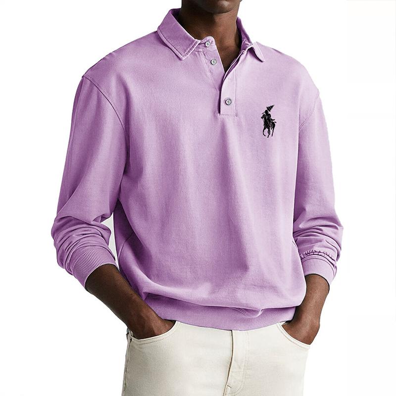 Men's Solid Color Loose Lapel Long Sleeve Polo Shirt 47320003Z