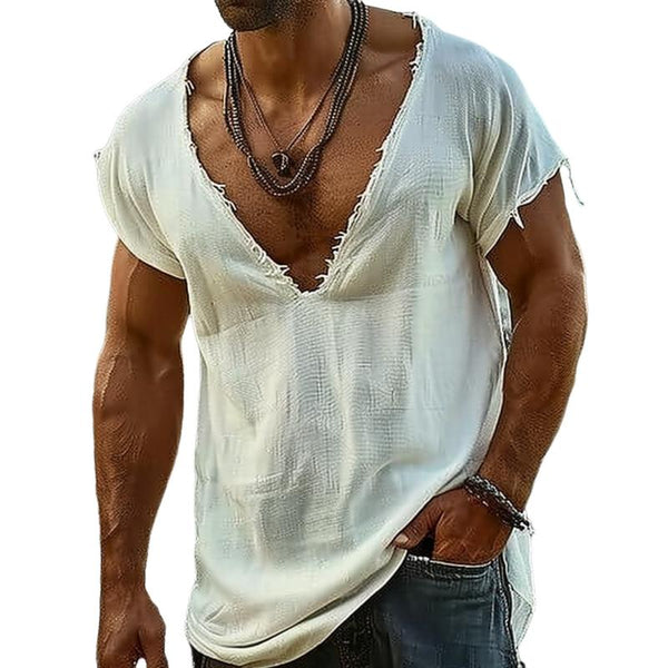 Men's Casual Cotton Blended V-Neck Raw Edge Short Sleeve T-Shirt 84352200M