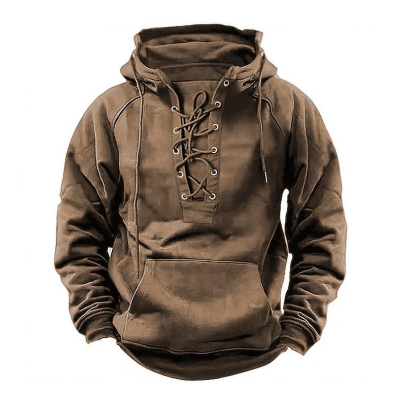 Men's Casual Outdoor Solid Color Lace-up Kangaroo Pocket Long Sleeve Hoodie 85726144M