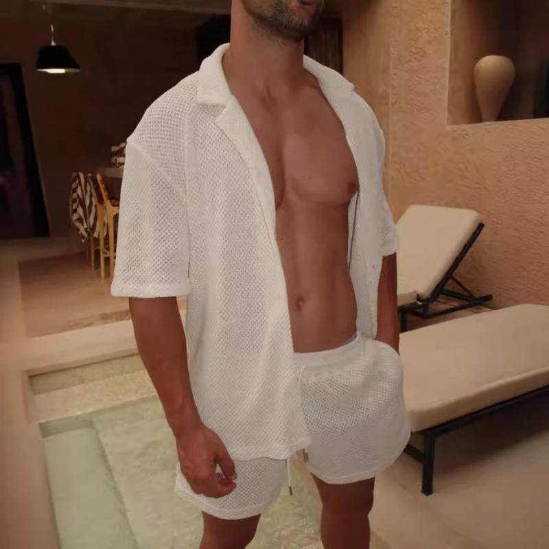 Men's Casual Breathable Mesh Lapel Shirt Loose Shorts Home Set 94639236M