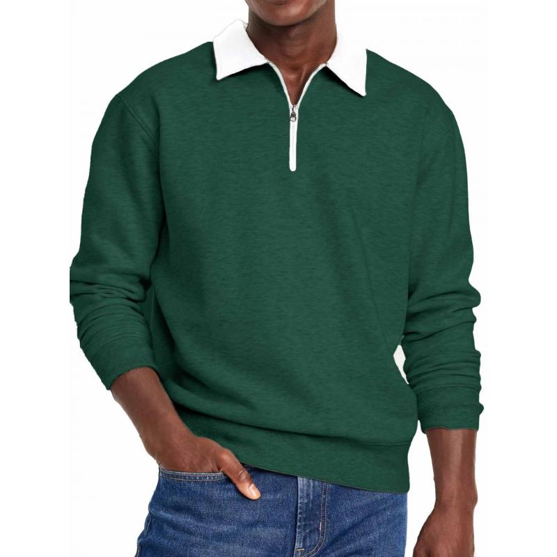 Men's Casual Half Zip Contrast Color Lapel Loose Long Sleeve Polo Shirt 93098285M