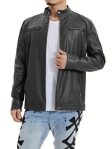 Men's Casual Stand Collar Zippered Leather Motorcycle Jacket 55708444M