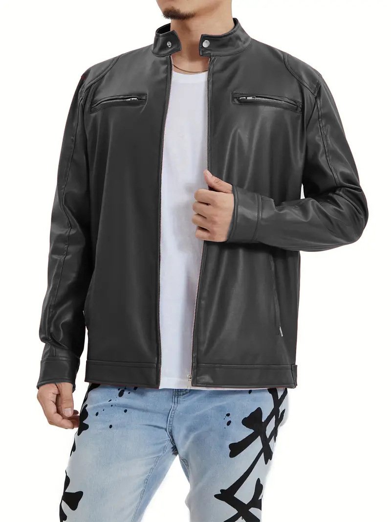 Men's Casual Stand Collar Zippered Leather Motorcycle Jacket 55708444M