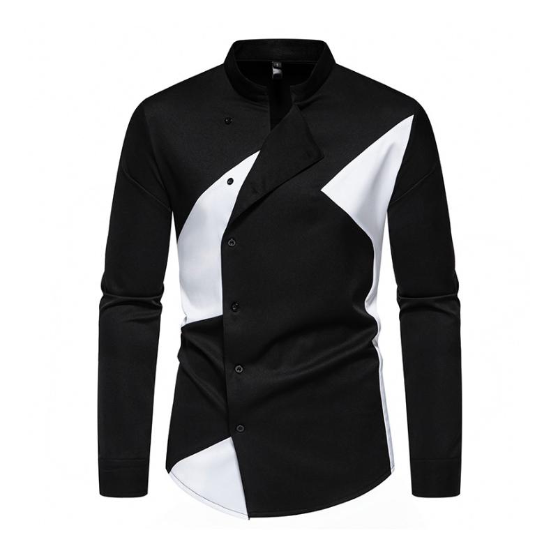 Men's Stylish Colorblock Stand Collar Slanted Placket Slim Fit Long Sleeve Shirt 05070160M