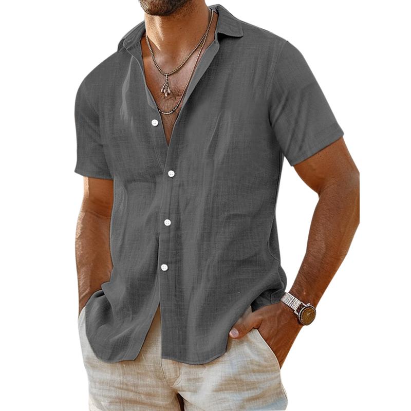 Chemise décontractée à manches courtes en coton et lin pour homme, couleur unie, coupe slim, 40996443M