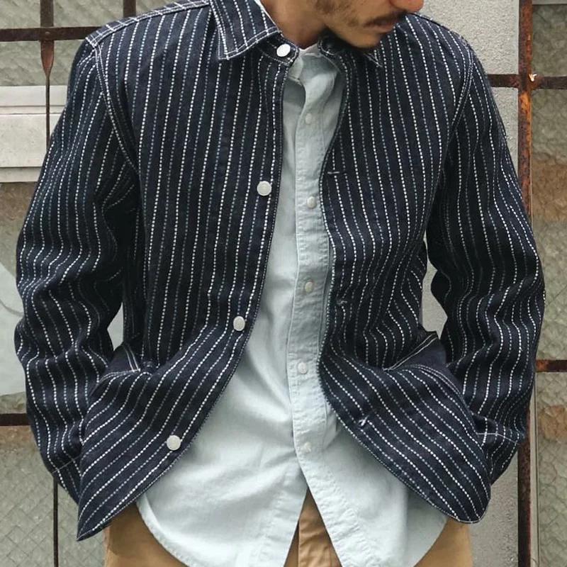 Men's Vintage Striped Denim Lapel Single Breasted Shirt Jacket 38000478Z