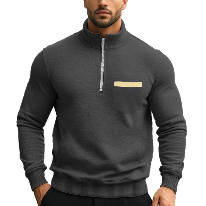 Sweat-shirt décontracté à col montant et fermeture éclair pour homme, couleur unie 21133783X