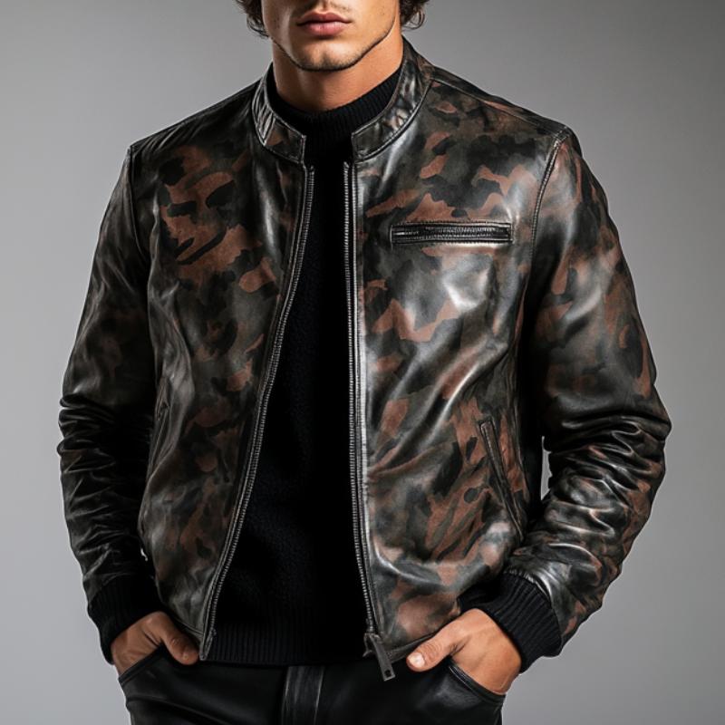 Men's Casual Stand Collar Camouflage Zipper Leather Jacket 39896006F