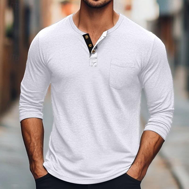 Men's Solid Color Button Round Neck Long Sleeve T-Shirt 64559660Y