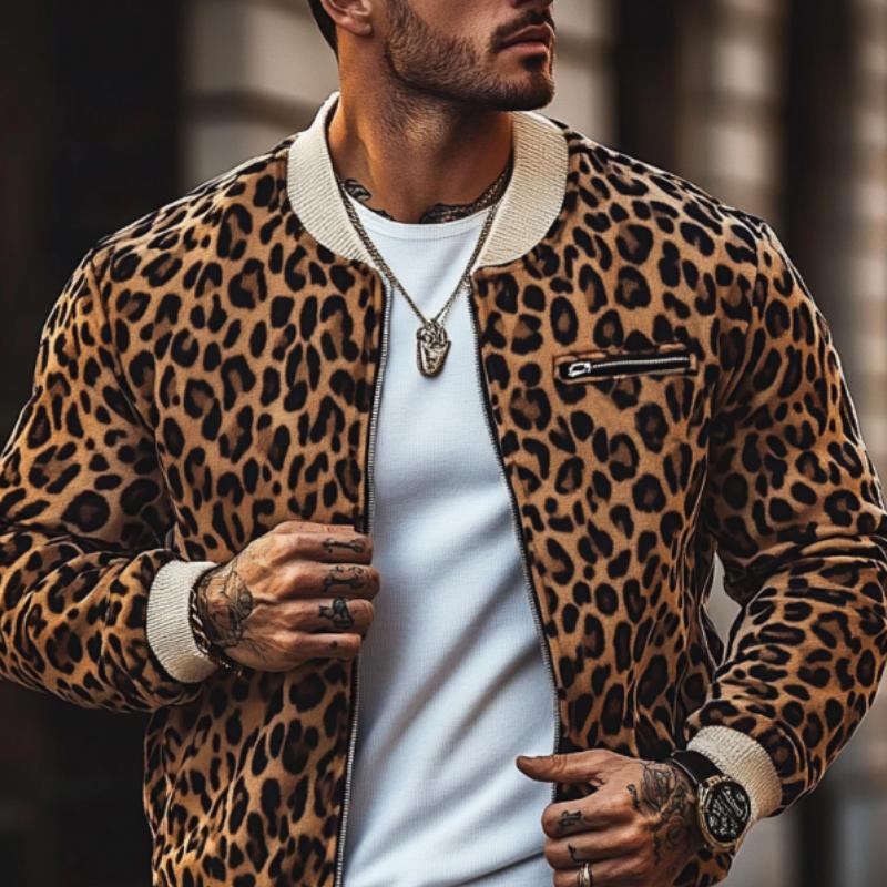 Men's Vintage Leopard Print Colorblock Zip-Up Bomber Jacket 58817018Y