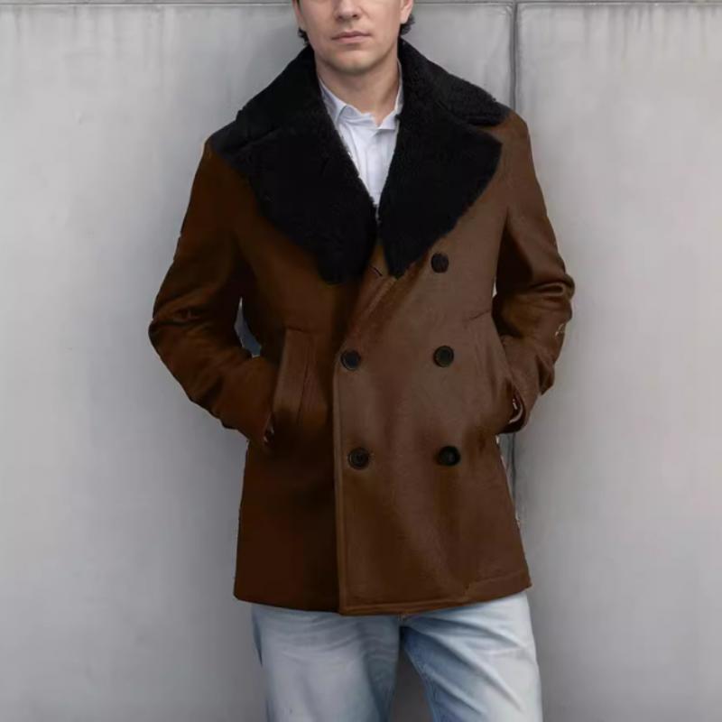 Men's Solid Color Double-Breasted Fur Collar Wool Coat 31282957Y