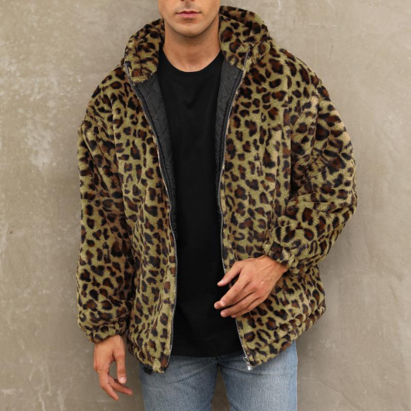 Men's Fashion Leopard Print Warm Fleece Zipper Padded Bomber Jacket 83611903M